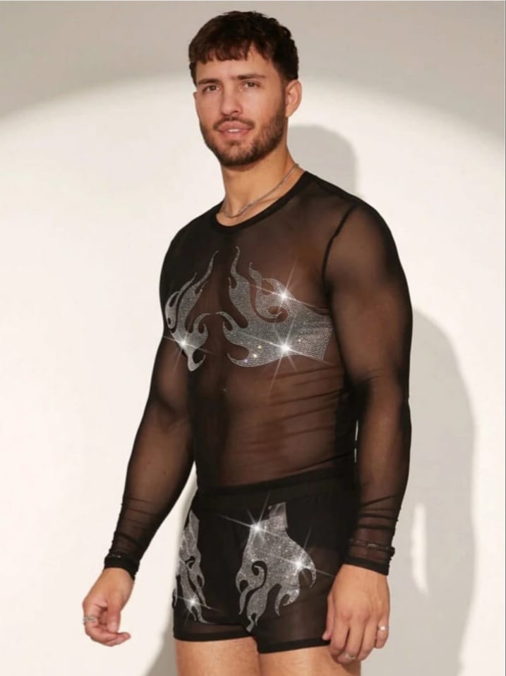 Men's Rhinestone See-Through Mesh Long Sleeve Tight-Fitting Sleepwear